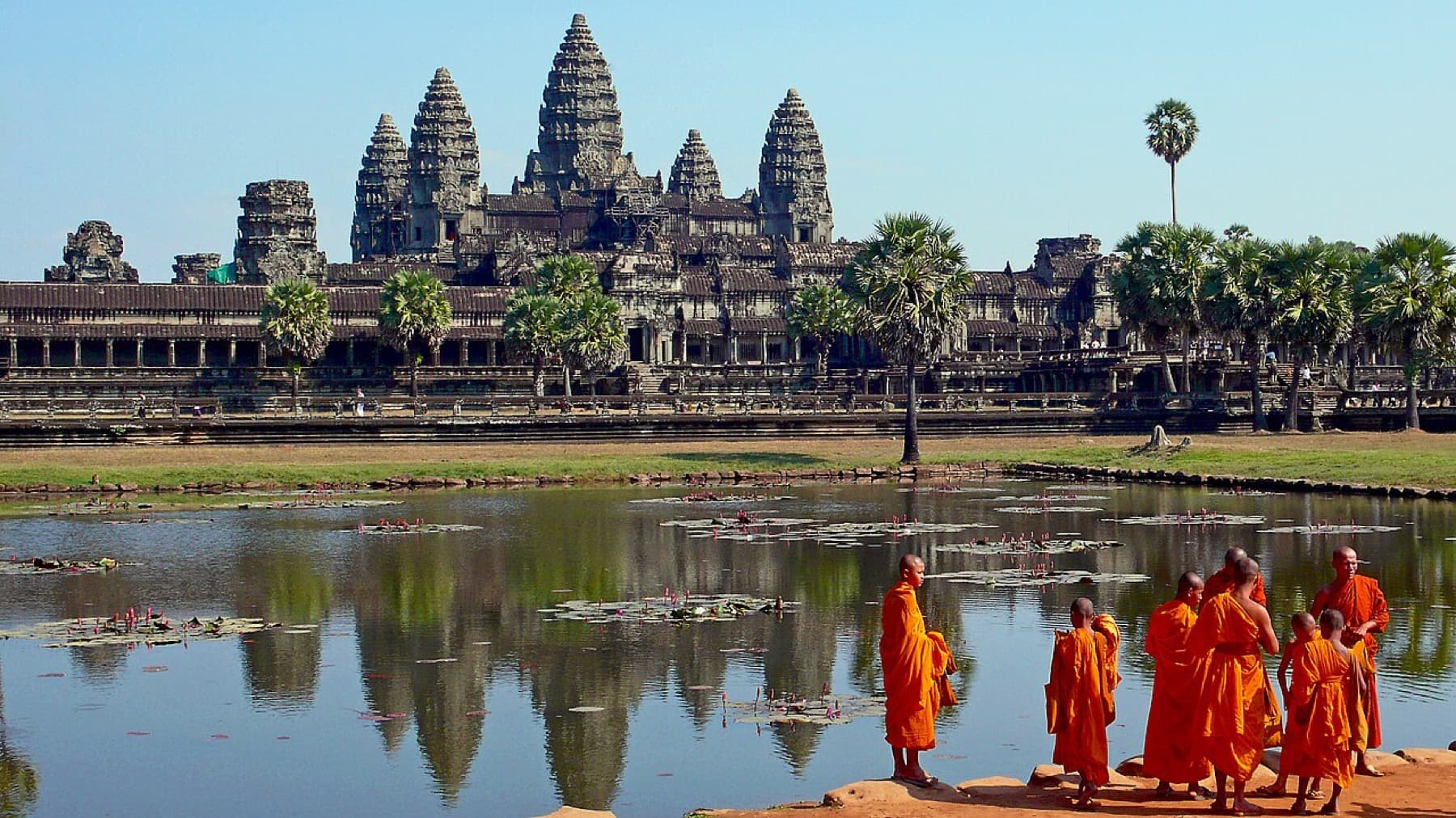 Buddhist monks in front of Angkor Wat near Siem Reap